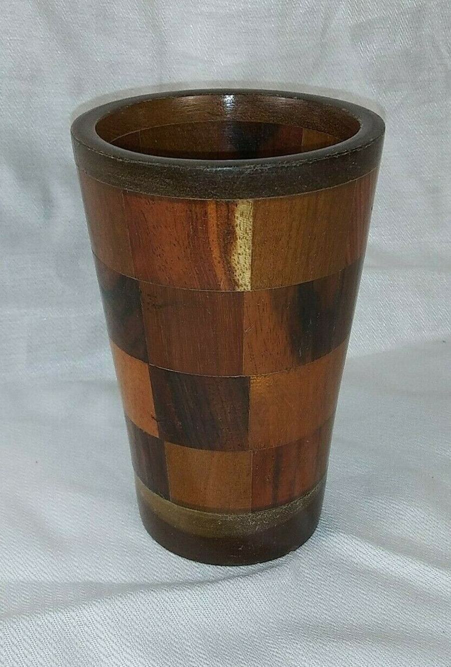 Handmade Wood Checkerboard Pattern Drinking Cup
